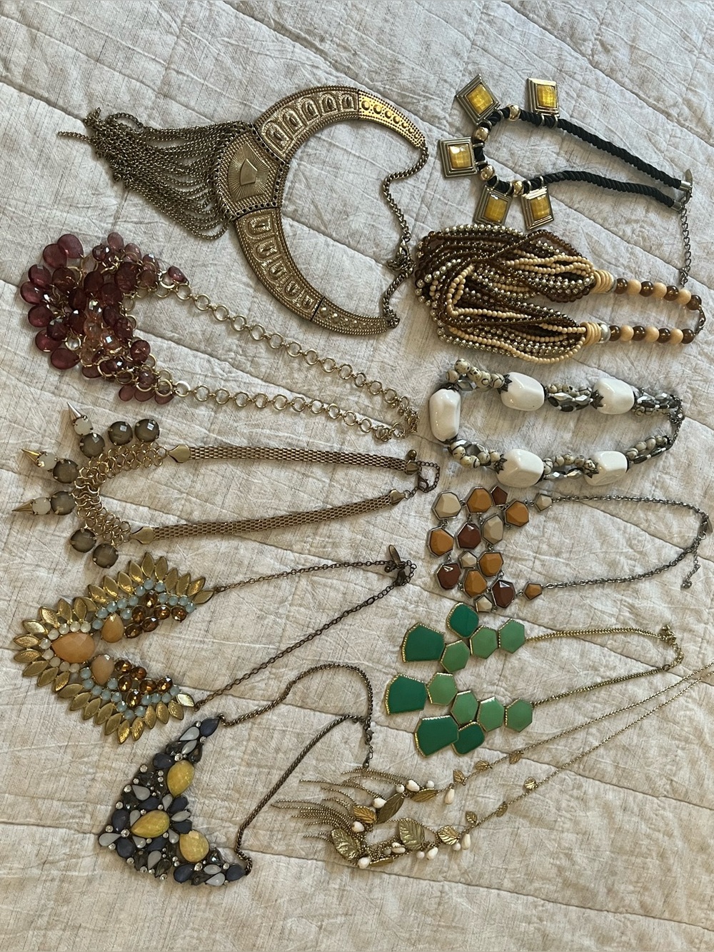 Assorted Women's Statement Necklaces - Green, Gold, White, Pink, Brown (Used)